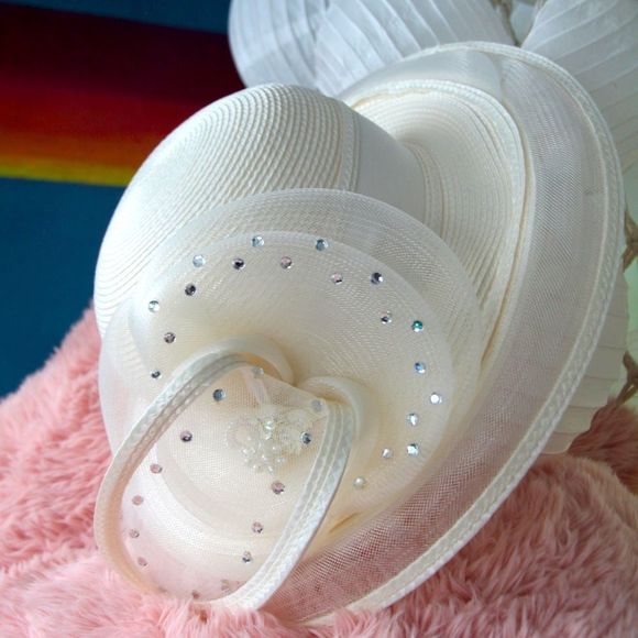 Vintage white woven mesh hat with crystal decorations and bow with accents - Picture 1 of 15